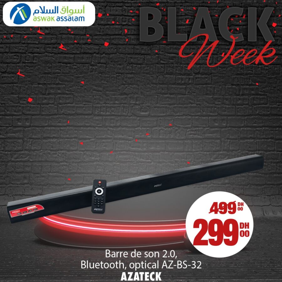 Black Week Aswak Assalam Barre de son 2.0 Bluetooth AZATECK 299Dhs au lieu de 499Dhs عروض اسواق السلام avril 2024