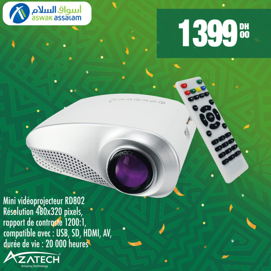 Offre CAN 2022 Aswak Assalam Mini vidéoprojecteur AZATECH RD802 1399Dhs عروض اسواق السلام mai 2024