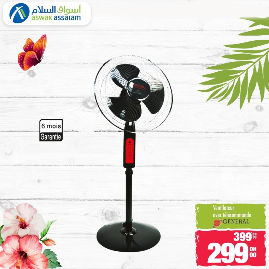 Soldes Aswak Assalam Ventilateur avec télécommande GENERAL 299Dhs au lieu de 399Dhs