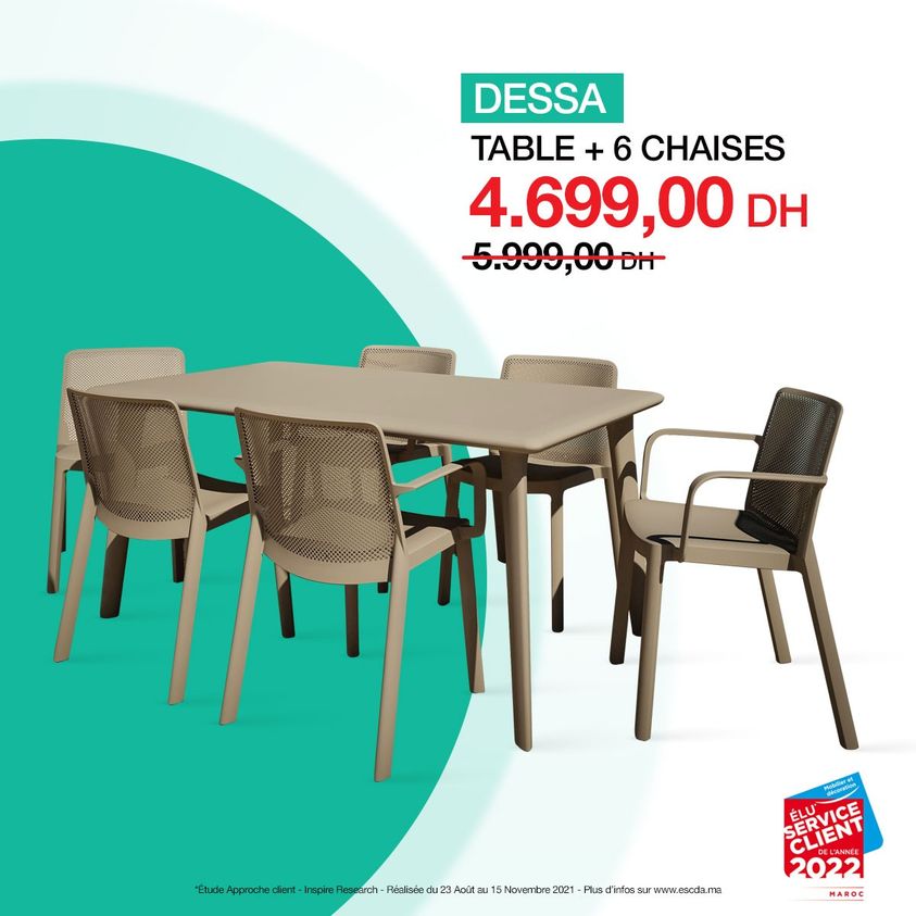 Soldes Kitea Table + 6 chaises DESSA 4699Dhs au lieu de 5999Dhs