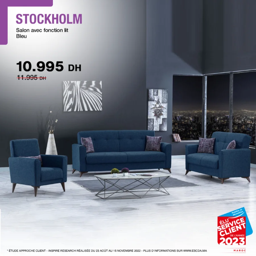 Soldes Kitea Salon avec fonction lit bleu STOCKHOLM 10995Dhs au lieu de 11995Dhs