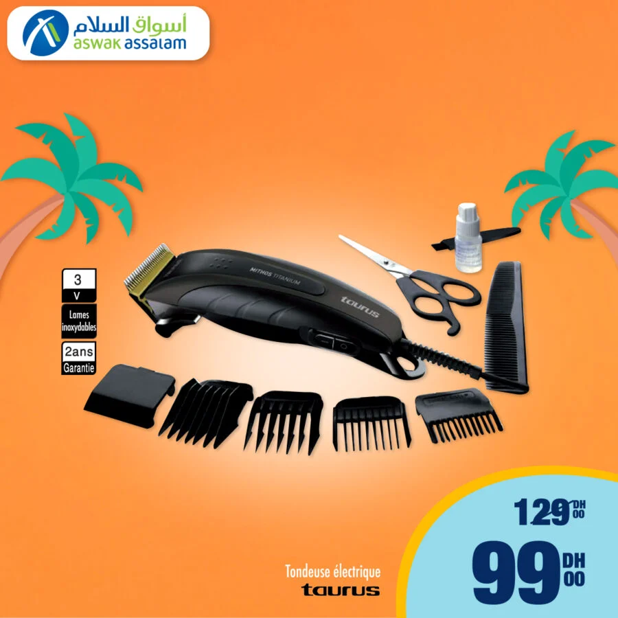 Offres Promotionnelles Aswak Assalam Tondeuse électrique + accessoires TAURUS à 99Dhs au lieu de 129Dhs