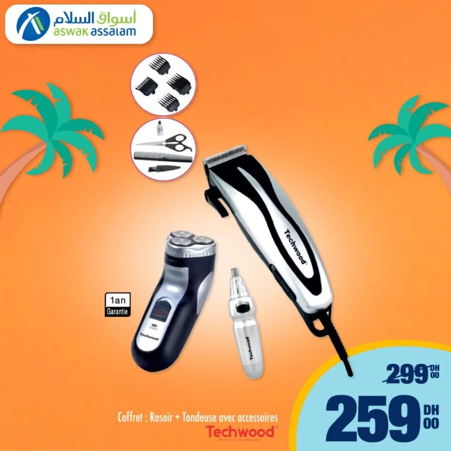 Offres d'été chez Aswak Assalam Coffret rasoir + tondeuse avec accessoires TECHWOOD 259Dhs au lieu de 299Dhs