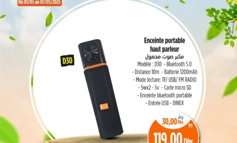 Offres عروض الربيع chez Kazyon Market Maroc Enceinte portable D30 DINEX عروض كازيون mai 2025 Enceinte portable D30 DINEX